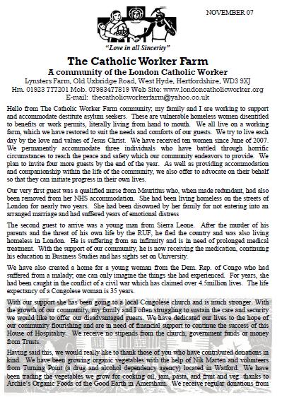 Catholic Worker Farm Newsletter